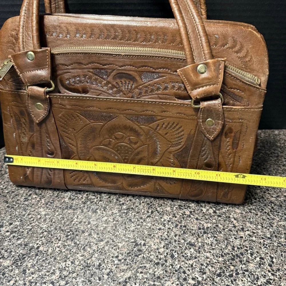 Vintage 80s Flores Bags Genuine‎ Leather Hand Tooled Satchel Purse Goat Mexico